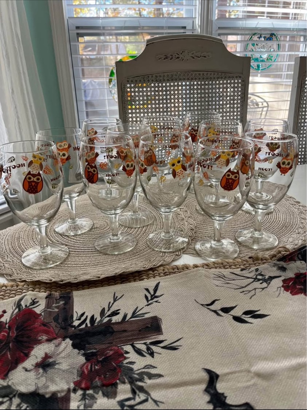 Vtg 80's Libbey Hoot Owl And Friends Glass Goblets Set of 12 Holiday Celebration
